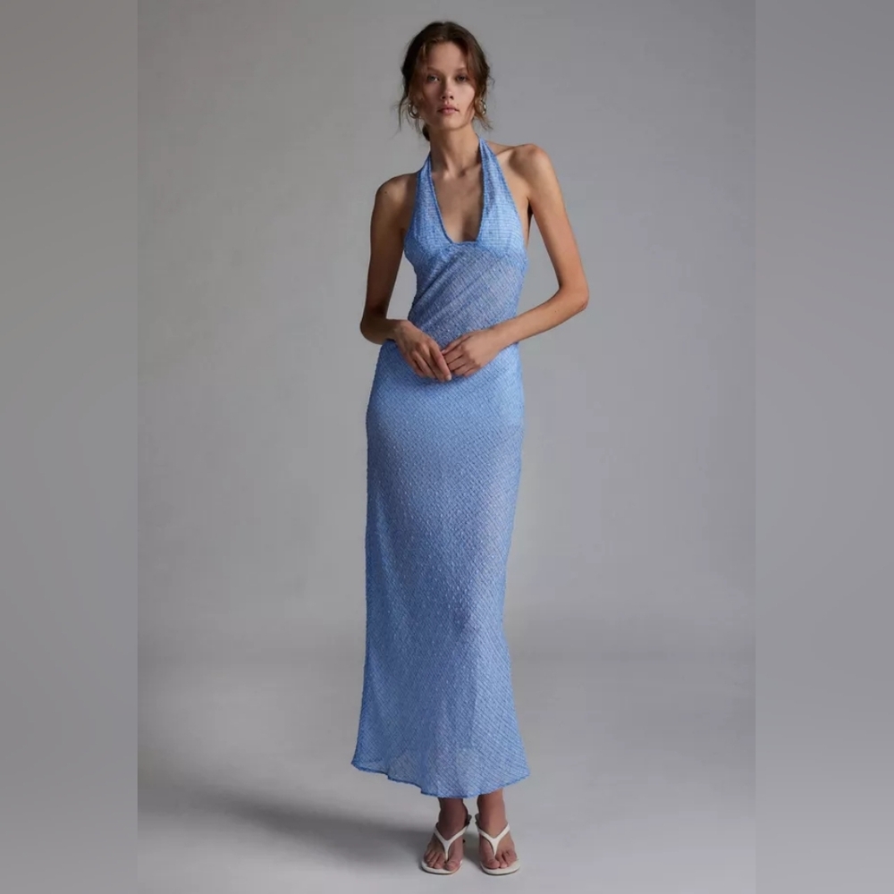 Lioness Carrie Halter Dress Blue Check Maxi Dress - Picture 2 of 8